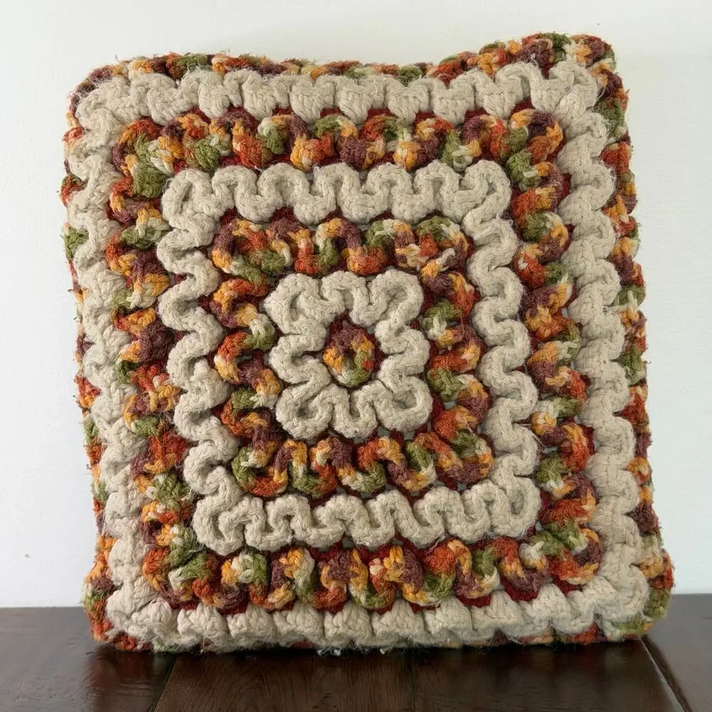 Vintage Hand Crocheted Throw Pillow Cover 12x12 | Handmade Crochet Cushion